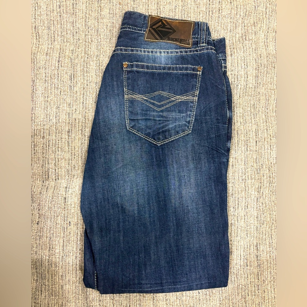 Men’s Rock & Roll Denim Double Barrel Relaxed Boot Cut Jeans. Size 34